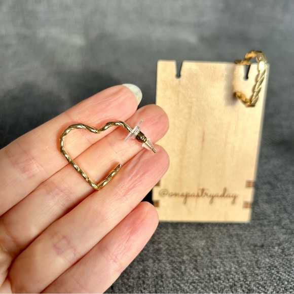 Gold Twist Heart Cuff Hoop Earrings, Unique, Funky - Picture 14 of 16